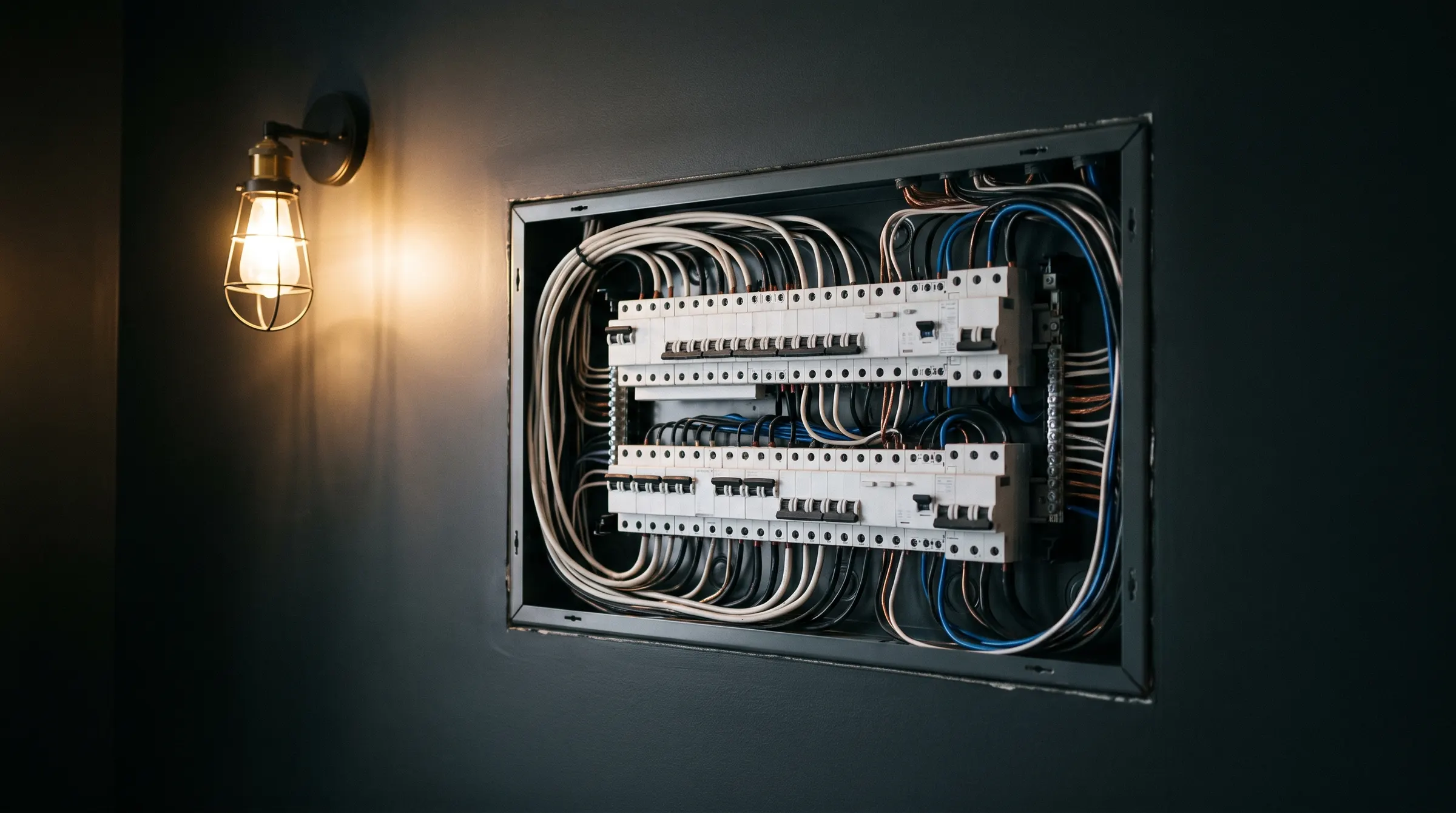Dressed residential switchboard with combed cable looms under a warm work light