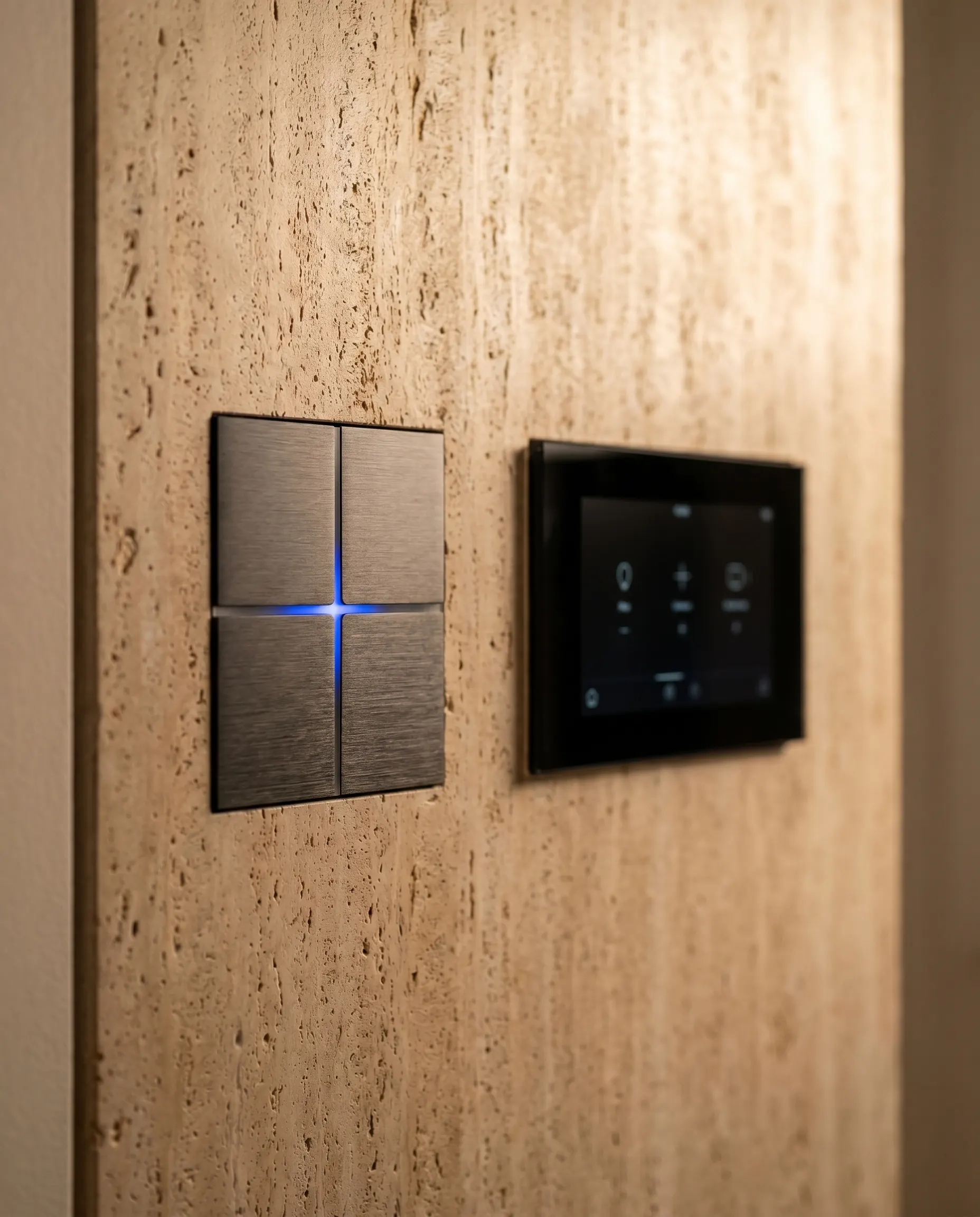 A real Basalte Sentido switch and black-glass touch screen on a travertine wall