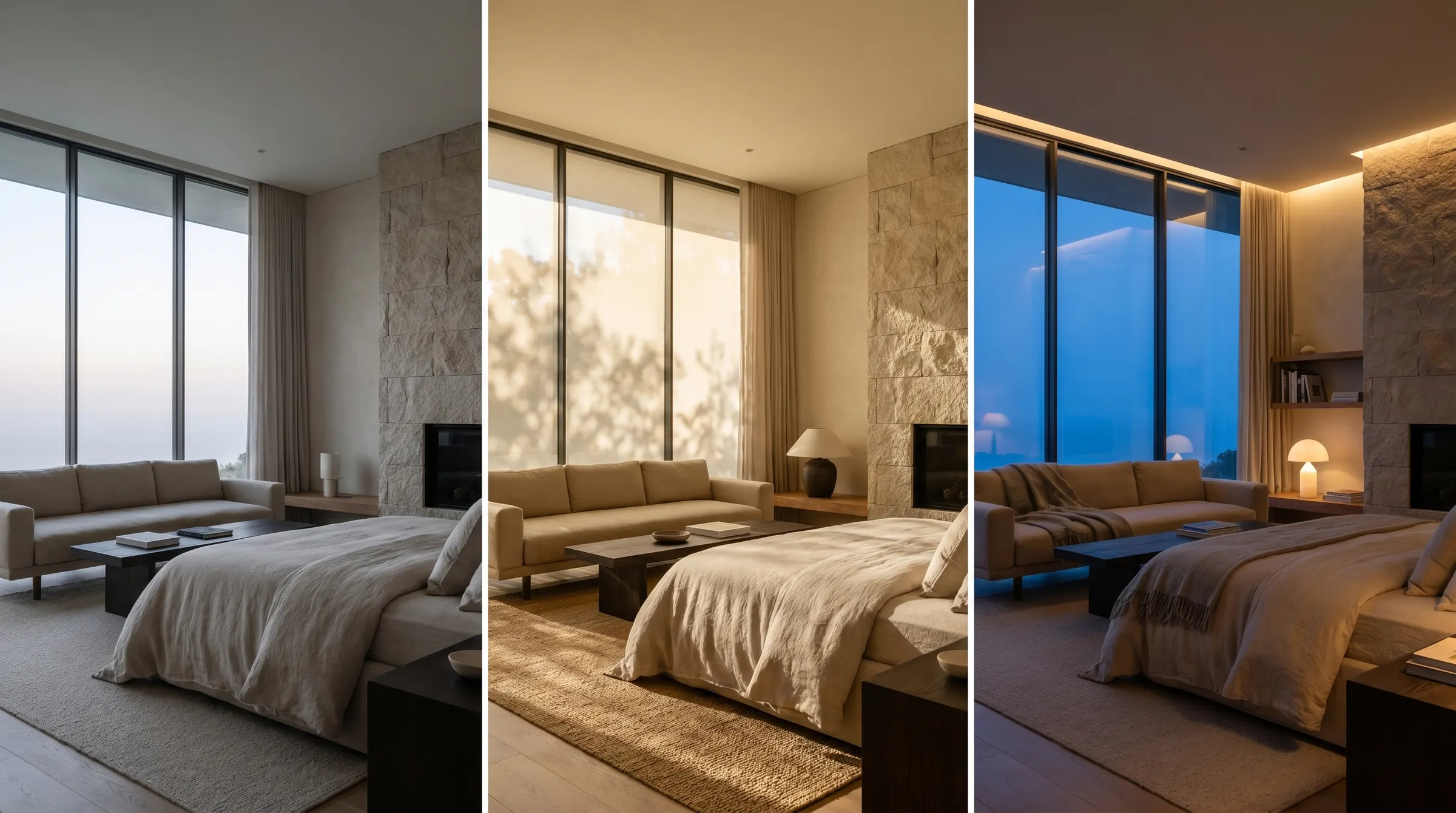 The same room shown across different lighting moods
