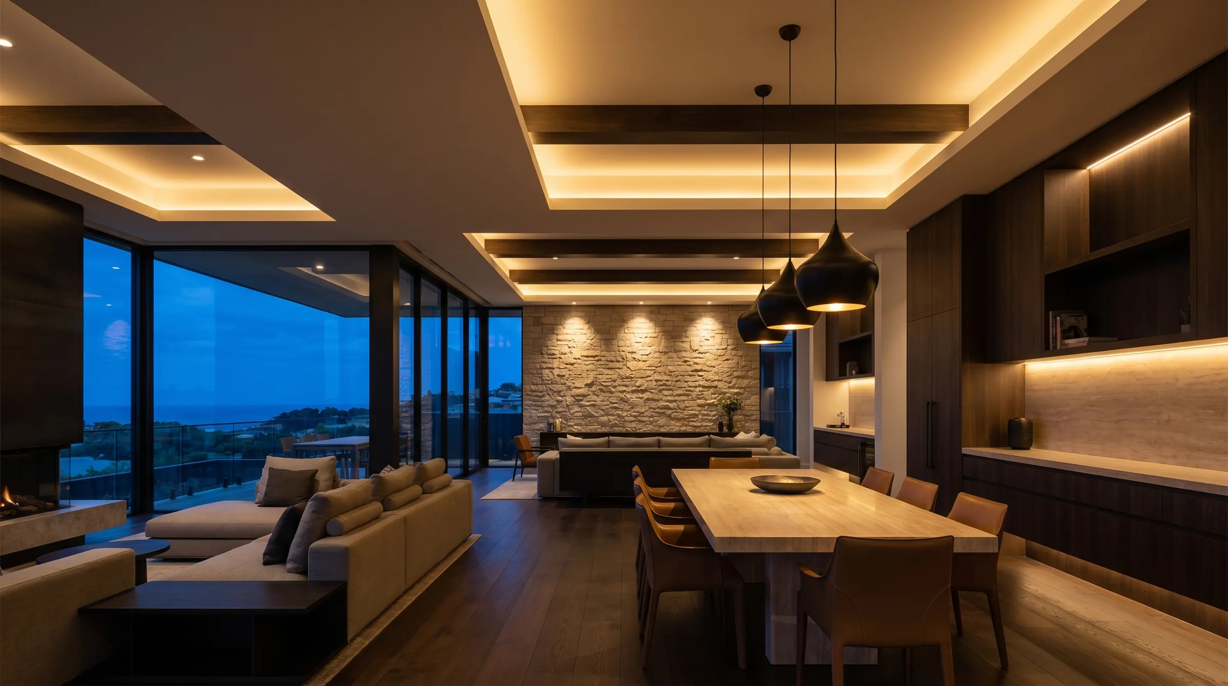 Layered architectural lighting in a premium living space at dusk