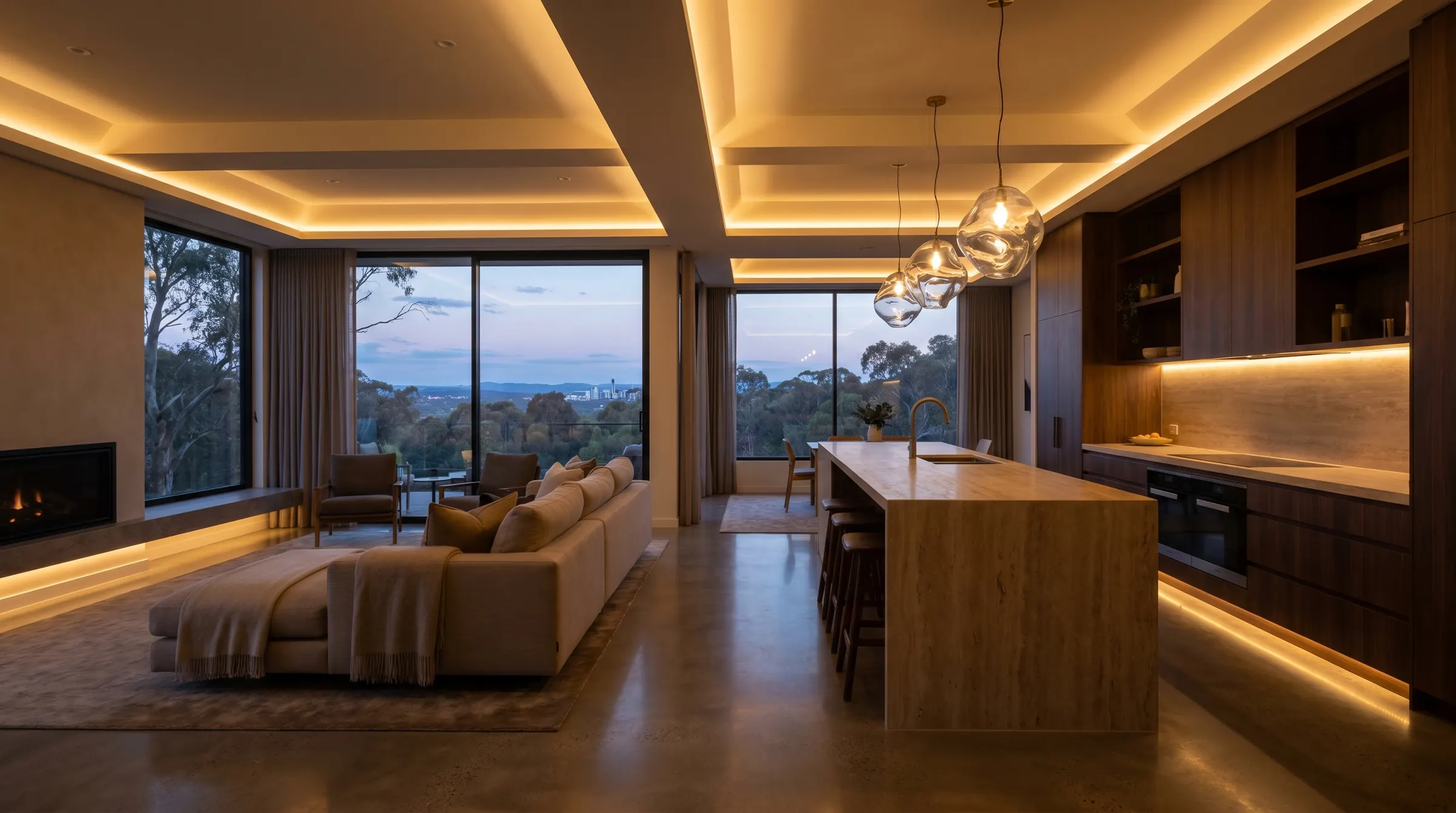 A premium open-plan living and kitchen — the same home through the day