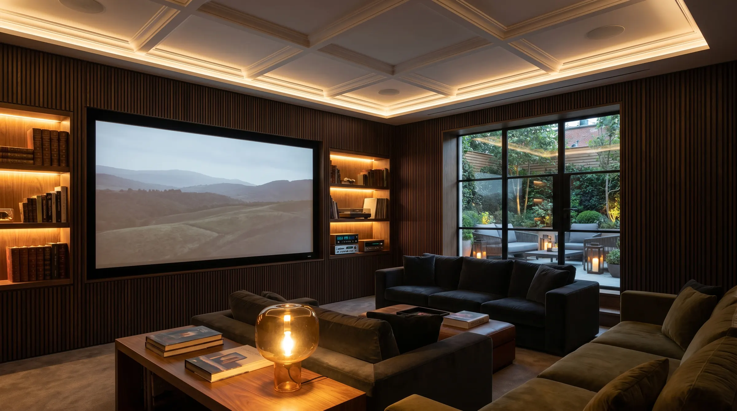 A premium media lounge with a large screen and an L-shaped sofa facing it, coved lighting and a garden window